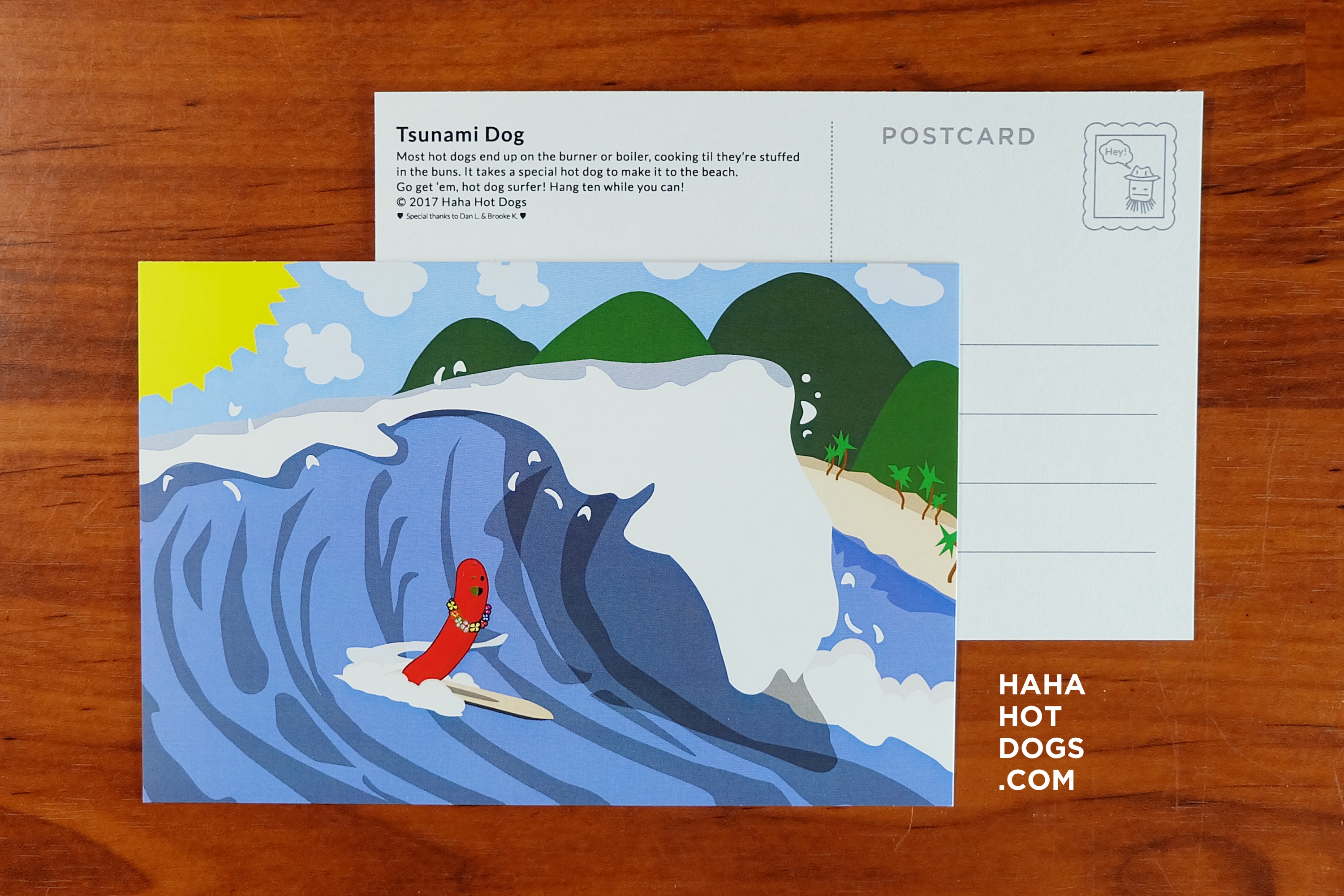surfing tsunami dog postcard